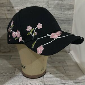 Pink floral sparkling rhinestone black baseball cap hat